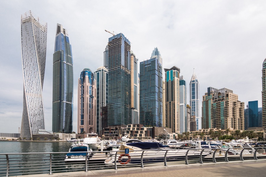 Dubai Marina skyscrapers in sunrise light